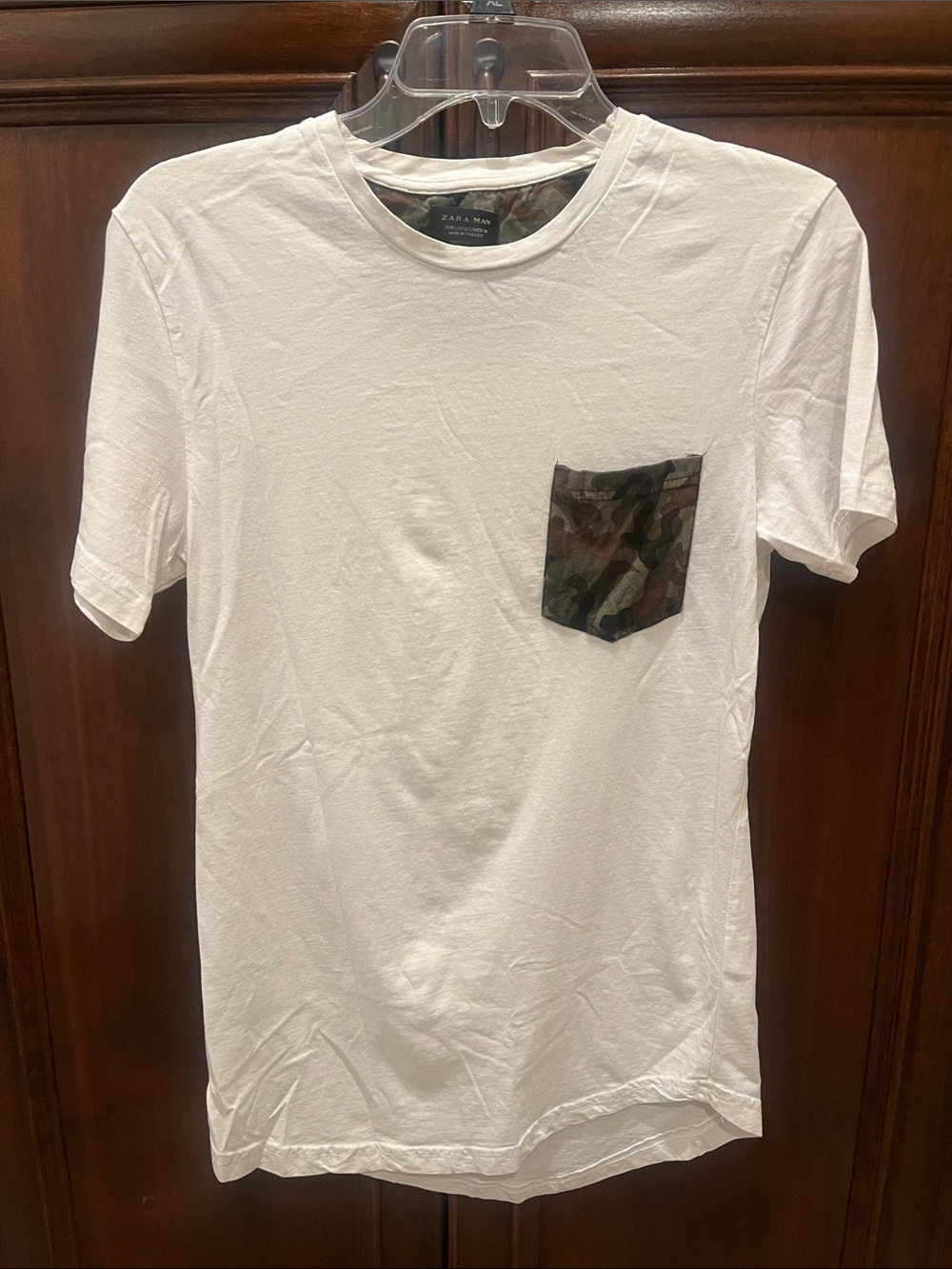 Zara White Short Sleeve Tee with Green Camouflage Pocket